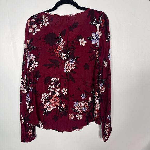 Francescas Hem & Thread M Burgundy Red Floral Keyhole Tie Long Sleeve Blouse Top - Picture 2 of 8